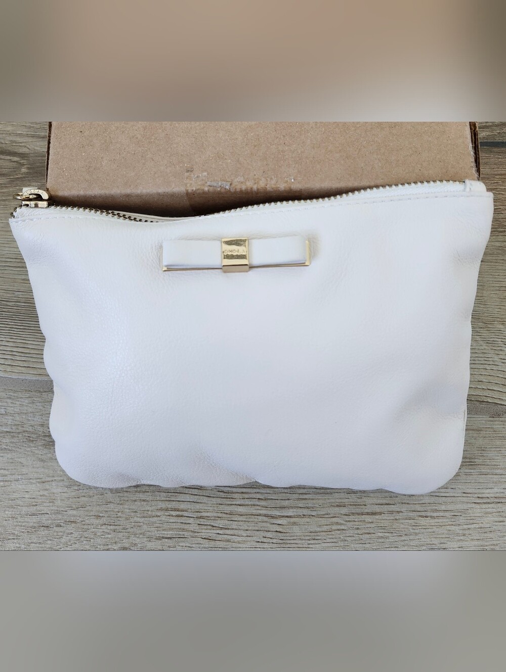 Furla Cream Off-White Leather Cosmetic bag Pouch Gold Bow Accent